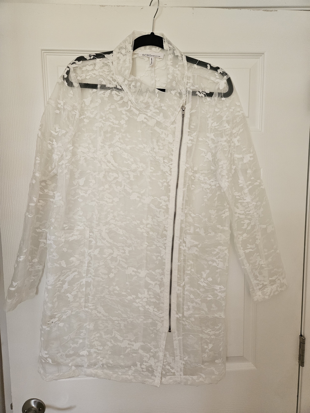 BCBG Max Azria Sheer White Floral Lace Zip Jacket